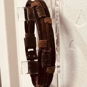 Men’s triple leather and sinew strand bracelet with handmade copper beads
